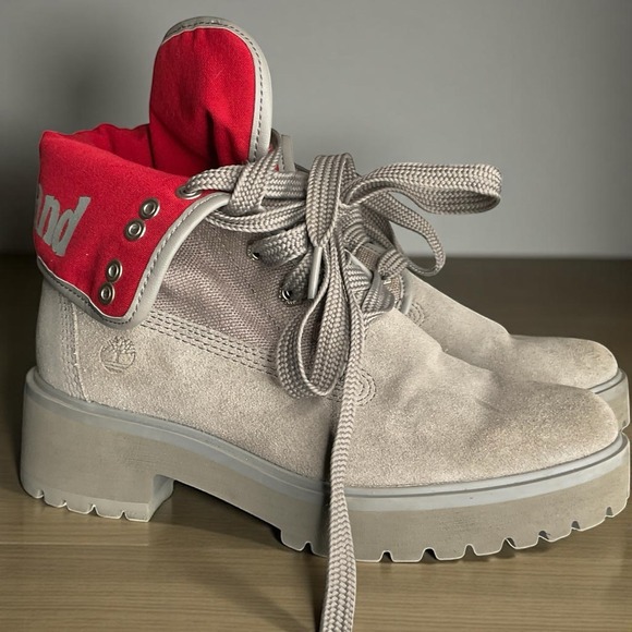 Timberland Shoes - Timberland Carnaby‎ Fold-Down Grey Red Boots Womens Size 6 Waterproof Minimalist